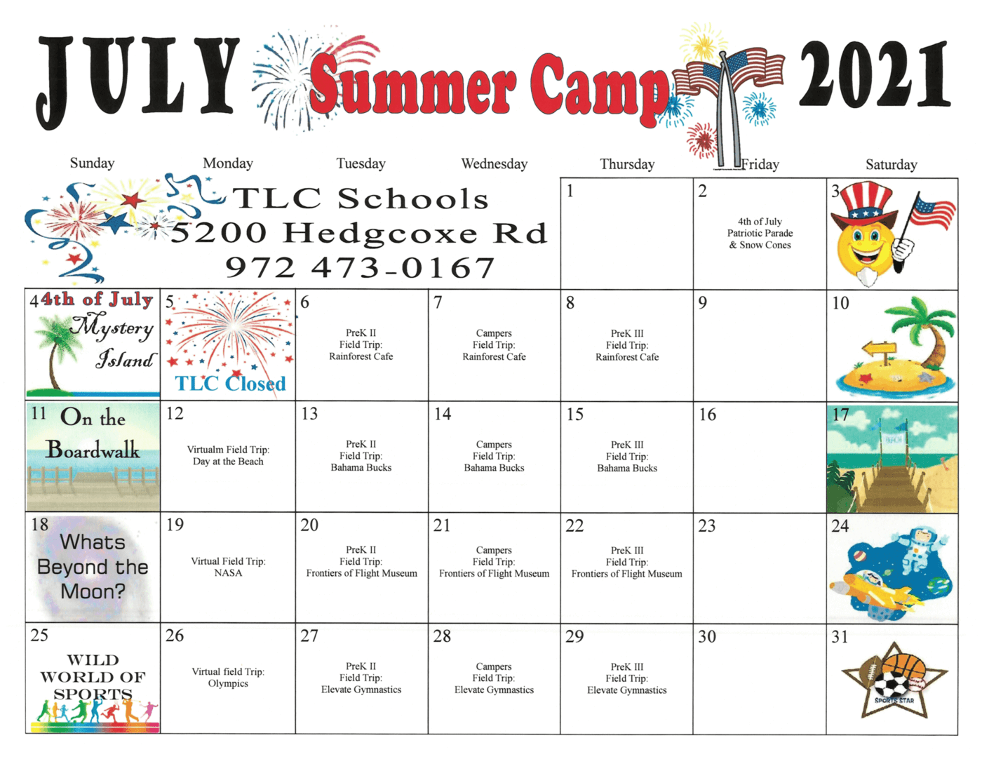 Monthly Activity Calendar TLC Schools Plano Texas